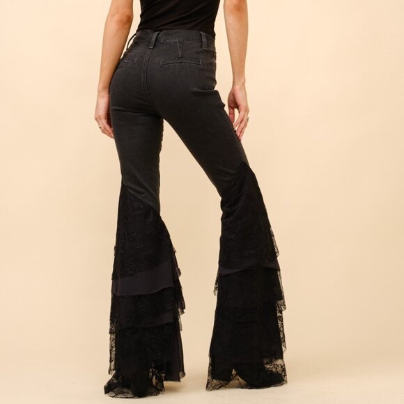 Mid Rise Lace Tiered Flare Denim Jeans - Picture 2 of 6